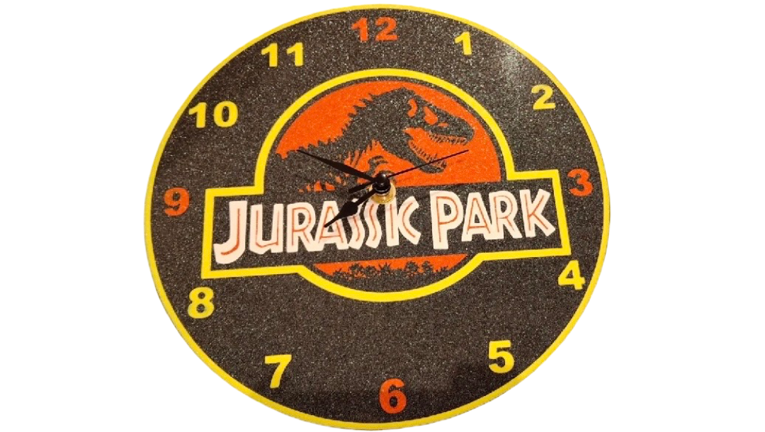 Horloge murale ronde noire à motif de dinosaure rouge et jaune