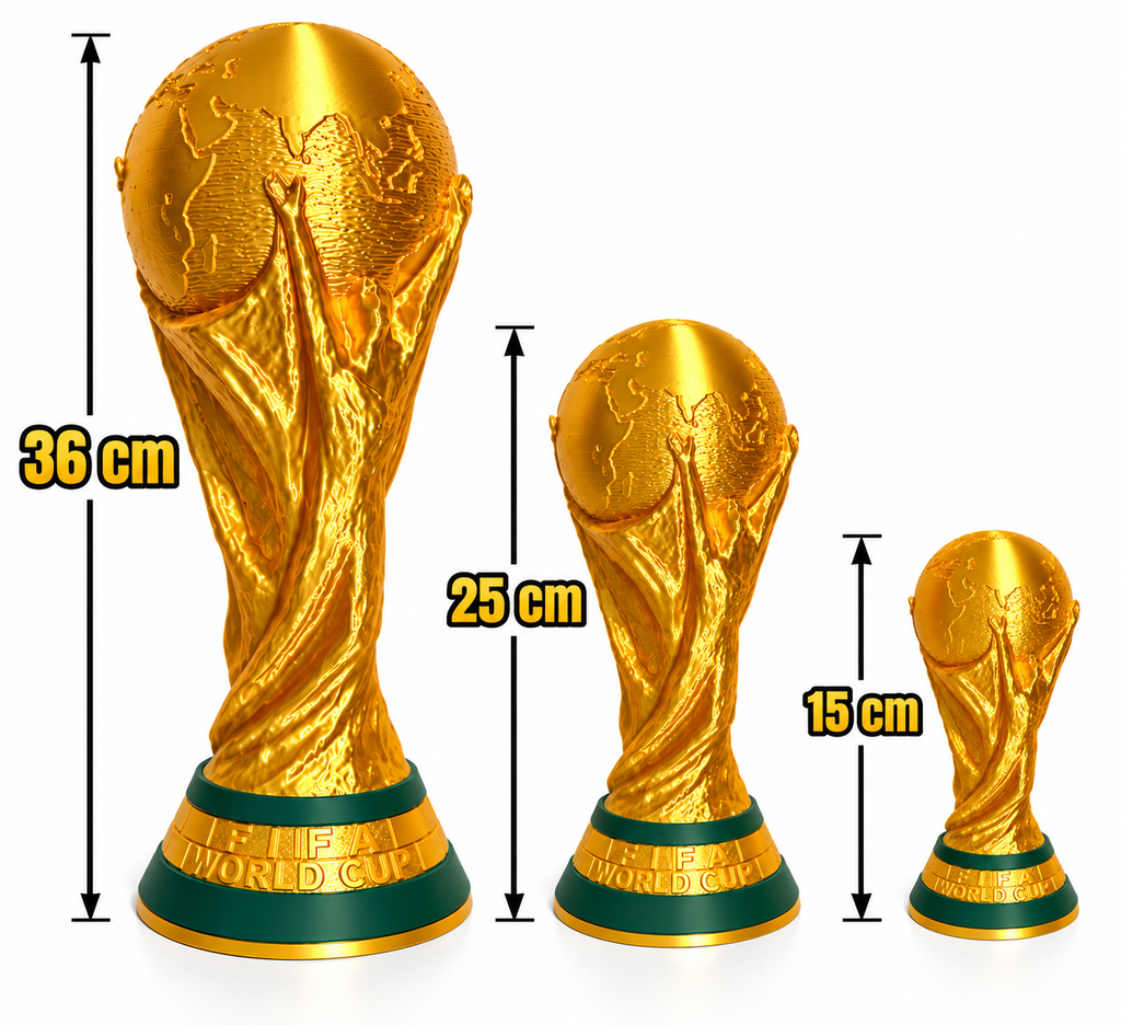 Trophées de football dorés avec leurs hauteurs indiquées